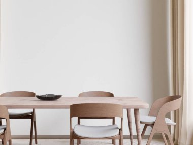 Yemek odası, büyük beyaz oda, beyaz arka planda kopyalama alanı, ön manzara, üç boyutlu görüntüleme