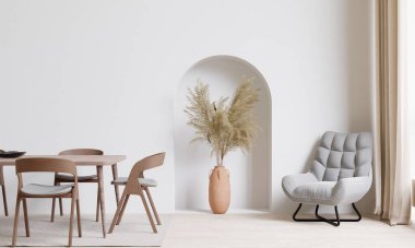 big white living room.interior design,grey sofa and wooden table set,wall for mock up and copy space.	