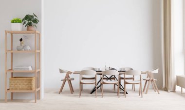 Yemek odası ve büyük beyaz oda, beyaz arka planda kopyalama alanı, ön manzara, üç boyutlu görüntüleme