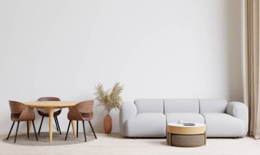 big white living room.interior design,grey sofa and wooden table set,wall for mock up and copy space.	