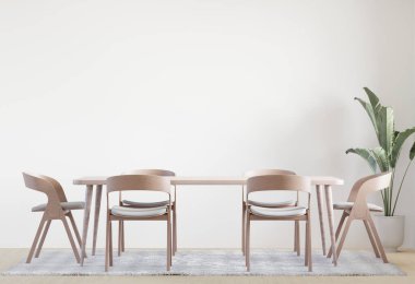 Yemek odası ve mutfak ahşap zemin fotokopi alanı beyaz arka plan, ön manzara, üç boyutlu görüntüleme