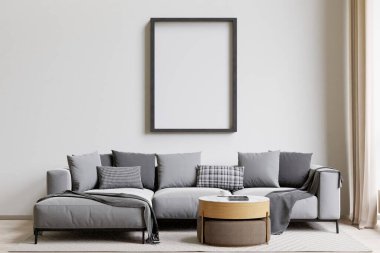 Büyük beyaz oturma odası. İç tasarım. Koyu gri kanepe, ahşap masa.