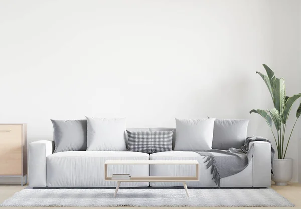 大的白色客厅 室内设计 灰色沙发 木制桌子 树和墙 用于模拟和复制空间 — 图库照片