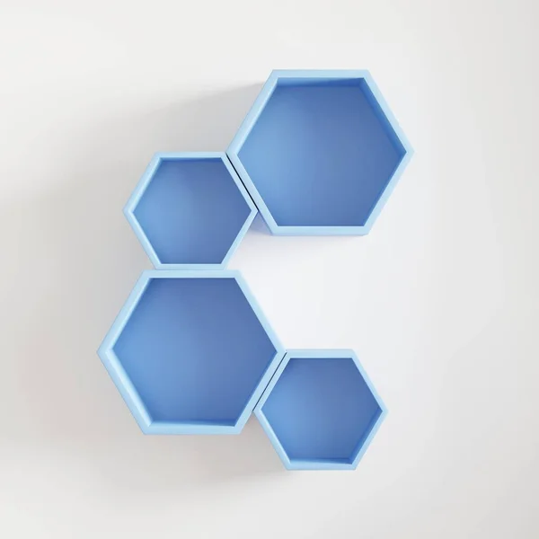 Blå Trä Hexagon Hylla Och Tom Hylla Kopiera Utrymme Mock — Stockfoto