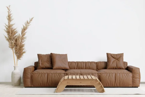 大的白色客厅 室内设计 棕色皮革沙发 木制桌子 地毯壁来模拟和复制空间 — 图库照片
