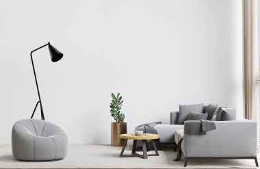 Büyük beyaz oturma odası. İç tasarım. Gri kanepe, lamba, ahşap masa.