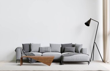 Büyük beyaz oturma odası. İç tasarım. Gri kanepe, lamba, ahşap masa.