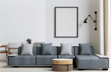 big white living room.interior design,dark blue sofa,lamp,wooden table,carpet wall for mock up and copy space