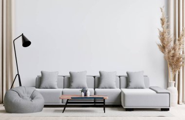 big white living room.interior design,gray sofa,lamp,wooden table,carpet wall for mock up and copy space