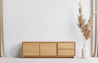 big white living room.interior design,wooden cabinet,carpet wall for mock up and copy space