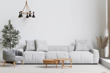 Büyük beyaz oturma odası. İç tasarım, beyaz kanepe, lamba, ahşap masa, maket için halı duvarı.