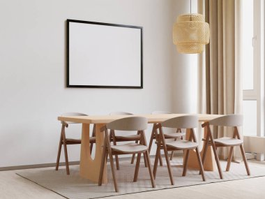 Dining room and kitchen copy space on white background, empty wall for mockup,3D rendering