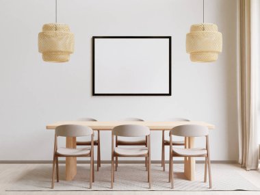 Dining room and kitchen copy space on white background, empty wall for mockup,3D rendering