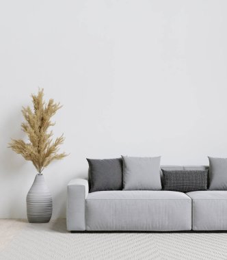 big white living room.interior design,gray and black sofa,little tree,carpet ,wall for mock up and copy space