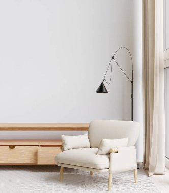 big white living room.interior design,white chair,wooden cabinet,carpet ,lamp,wall for mock up and copy space