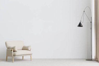big white living room.interior design,white chair,black lampm,carpet ,wall for mock up and copy space
