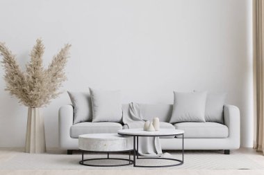 big white living room.interior design,white sofa,mable table,floral in vase,carpet ,wall for mock up and copy space