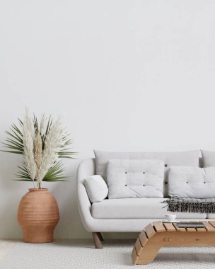 big white living room.interior design,white sofa,floral in vase,wooden table,carpet ,wall for mock up and copy space