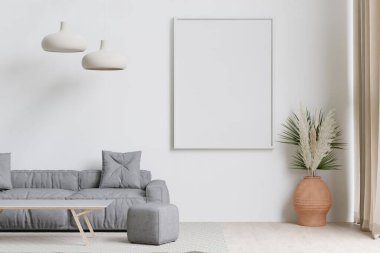 big white living room.interior design,dark grey sofa,wooden table,floral in vase,lamp,carpet ,frame for mock up and wall for copy space