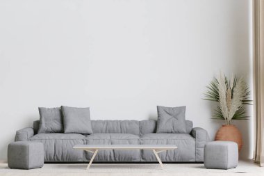 big white living room.interior design,dark grey sofa,wooden table,floral in vase,carpet ,wall for mock up and copy space