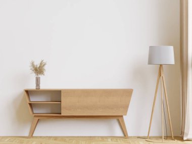 Büyük beyaz oturma odası. İç tasarım, ahşap büfe, lamba, halı, maket için duvar.