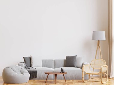 Büyük beyaz oturma odası. İç tasarım, gri ve siyah kanepe, ahşap masa, lamba, halı, maket için duvar ve kopyalama alanı.