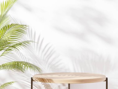 Bitki yaprağı ve güzel güneş ışığı olan ahşap yuvarlak masa ve lüks güzellik, organik, sağlık, kozmetik, mücevher ürünleri sergilenen arka plan için bej duvarda gölge.