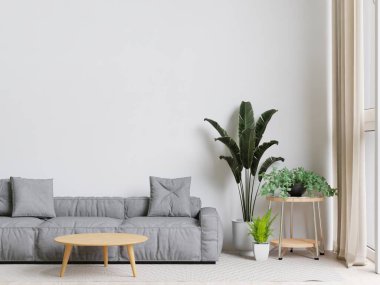 Büyük beyaz oturma odası. İç tasarım, gri kanepe, ahşap masa, halı, küçük ağaç, maket için duvar ve kopyalama alanı..
