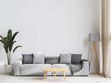 Büyük beyaz oturma odası. İç tasarım, gri kanepe, ahşap masa, halı, küçük ağaç, maket için duvar ve kopyalama alanı..