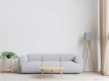 Büyük beyaz oturma odası. İç tasarım, beyaz kanepe, lamba, ahşap masa, halı, küçük ağaç, maket için duvar ve yer kopyalama..