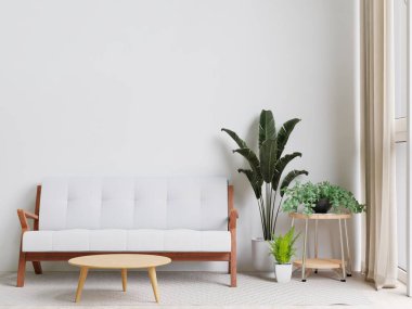 Büyük beyaz oturma odası. İç tasarım, beyaz kanepe, ahşap masa, halı, ağaç, maket için duvar ve yer kopyalama..