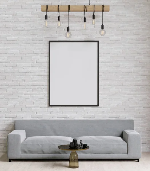 Velký Bílý Obývací Pokoj Loft Design Interiéru Šedá Pohovka Lampa — Stock fotografie