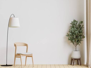 big white living room.interior design,woodedn floor, lamp,tree,empty wall for mock up and copy space.	