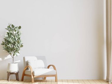 big white living room.interior design,wooden floor, big chair and tree,empty wall for mock up and copy space.	