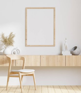 Büyük beyaz oturma odası. İç tasarım, ahşap uzun büfe, maket için çerçeve ve boşluk kopyalama