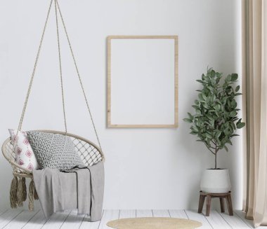 Büyük beyaz oturma odası, sıçan hamağı, ağaç, maket için çerçeve ve boşluk kopyala