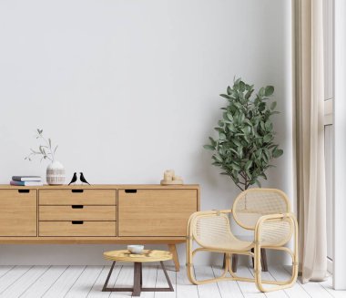 Büyük beyaz oturma odası. İç tasarım, ahşap uzun büfe, masa seti, maket için boş duvar.