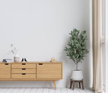 Büyük beyaz oturma odası. İç tasarım, ahşap uzun büfe, maket için boş duvar.