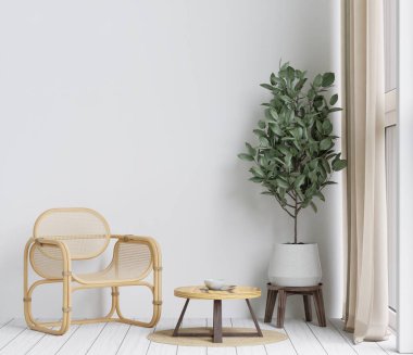 Büyük beyaz oturma odası, fare koltuğu, ağaç, boş duvar maket için ve boşluk kopyalamak için.