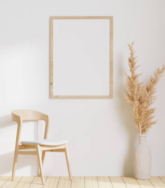 Model, ahşap zemin ve sandalye çerçeveli en az üç boyutlu dekore edilmiş oturma odası, küçük dekorasyon ağacı.