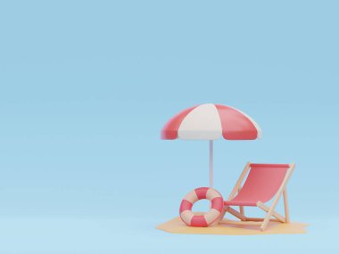 Yaz tatili konsepti, plaj şemsiyesi ve seyahat aksesuarları, top, yüzme yüzüğü, renkli arka planda yaz meyvesi, 3D resim