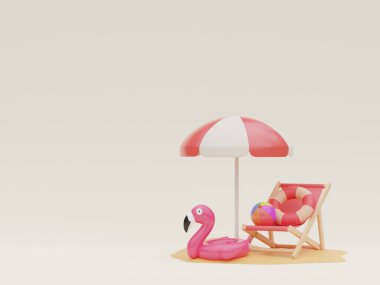 Yaz tatili konsepti, plaj şemsiyesi ve seyahat aksesuarları, top, yüzme yüzüğü, renkli arka planda yaz meyvesi, 3D resim