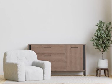 3D rendering minimal style living room with wooden floor ,white wall,big couch,big window,carpet,wooden cabinet