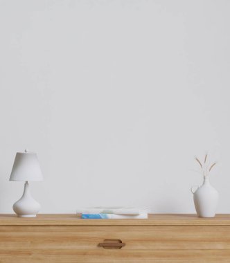 3 boyutlu, ahşap zeminli en az tarz oturma odası, taklit alanı için beyaz duvar, ahşap dolap.