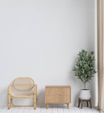 3 boyutlu, ahşap zemin, beyaz duvar, tahta sandalye, büyük pencere, halı, ahşap dolap olan minimal bir oturma odası.