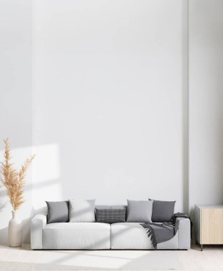 3D rendering minimal style living room with wooden floor ,white wall,big couch,big window,carpet,wooden cabinet	