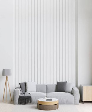 3D rendering minimal style living room with wooden floor ,white wall,big couch,big window,carpet,wooden cabinet	