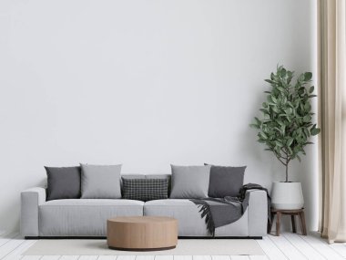 3 boyutlu, ahşap zemin, beyaz duvar, büyük gri kanepe, büyük pencere, halı, ahşap dolap, modelleme duvarı olan minimal bir oturma odası.