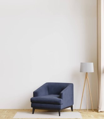 3 boyutlu, ahşap zemin, beyaz duvar, büyük mavi sandalye, büyük pencere, halı, ahşap dolap, modelleme duvarı olan minimal bir oturma odası.