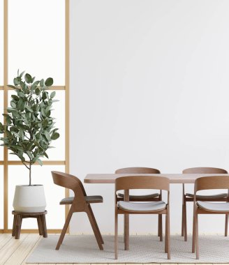 Yemek odası ve mutfak fotokopi alanı beyaz arkaplan duvarında maket ve kopyalama alanı için